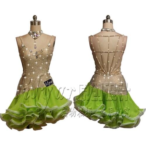 New Latin Dance Dress Performance Costume Short Suspenders Halter Green Flashing Diamond Dress Latin Competition Dress DN9506