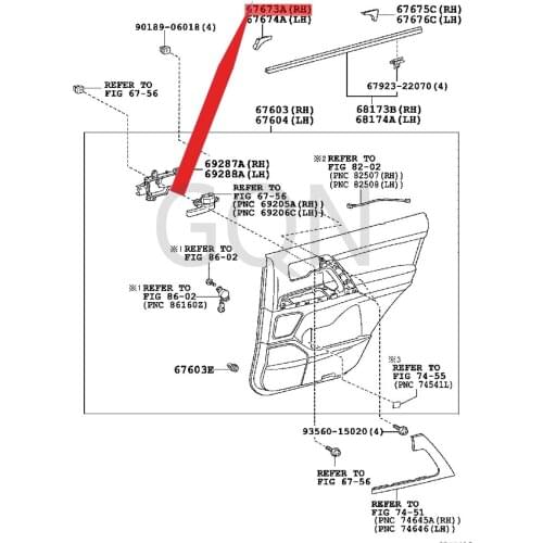 Right rear door frame trim strip 2007-Toy ota LAN DCR UIS ER Right front lower trim panel, rear door window frame trim strip RH