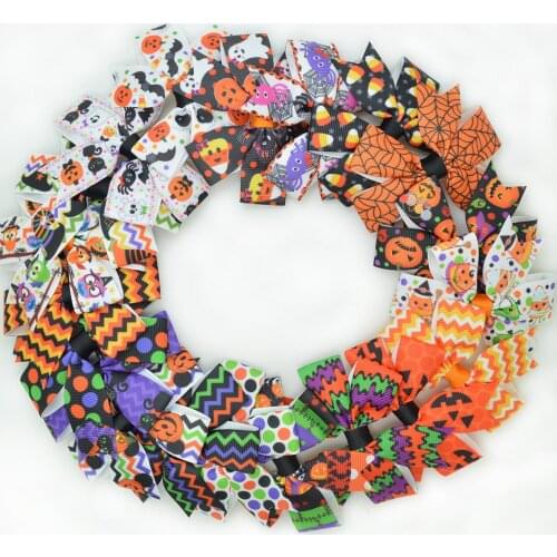 SUPWRF 20pcs/lot 3.1" Inch Halloween Printed ribbon Bows Clips Girls hair bow Headware Kids Hair Accessories MIX T0929