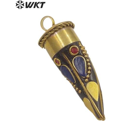 WT-P1529 Amazing vintage bohemian brass horn pendant unique symble long tibetan boho horn pendant for necklace jewelry pendant