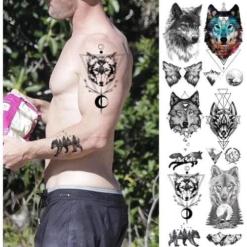 Coyote Wolf Bear Temporary Tattoos For Women Geometric Fake Mountain Tattoo Realistic Black Mens Fashion Tatoos Waterproof Arms
