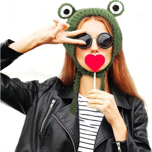 Green Frog Hat Crochet Knitted Hat Outdoors Autumn Big Eye Frog Knitted Winter Cute Ear Protective Beanie Hats Knitted Caps