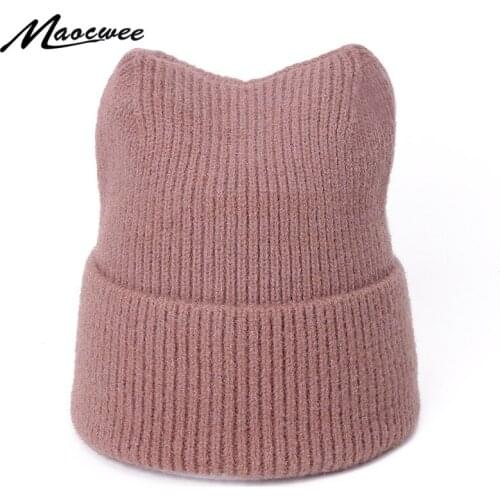 Knitted Hats for Women Cap Winter Autumn Cute Cat Ears Ladies Solid Color Beanies Windproof Thick Warm Outdoor Crochet Bonnet