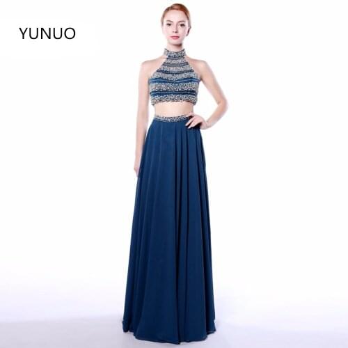 YUNUO 2021 Prom Dresses A Line Two Pieces Elegant Halter Sleeveless Vestido De Festa Beading Long Fashion Formal Dresses 544