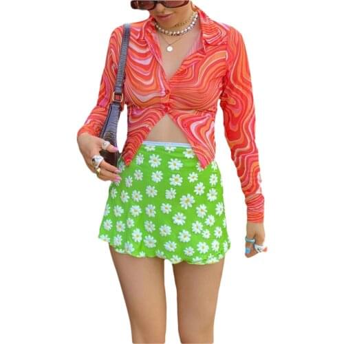 Y2K Women See Through Printed Shirt Long Sleeve Deep V-neck Button-up Tops for Spring, Autumn