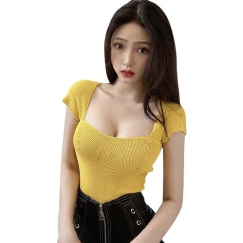 6 Color 2021 Fashion Sexy Streetwear Summer Solid Color Slim Short Sleeve Casual Tee Top Stylish Square Collar Knitted Shirt