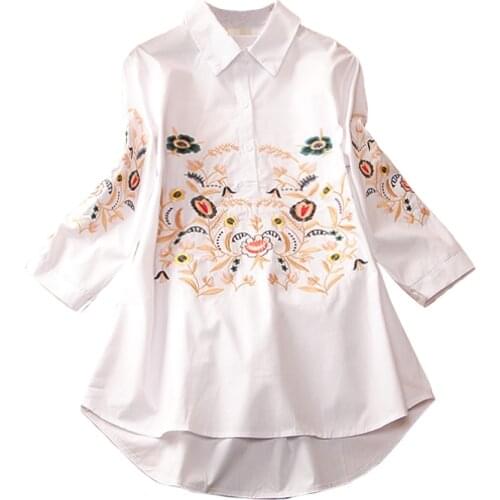 2020 Womens Spring Summer A-Line embroidery Shirt Female Vintage National Loose Casual Shirt Female Cotton Shirt