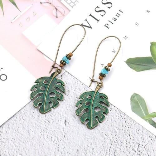 Vintage Antique Bronze Brass Beads Monstera Leaf Drop Earrings for Woman Tropical Plant Green Leaves Brincos Bohemian Jewelry