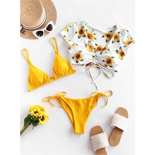 3 Piece Swimsuit Women Lace Up Bandage Sunflower Bikini 2020 Sexy Push Up String Micro Bikini Set Bathers Bathing Suit Swimwear