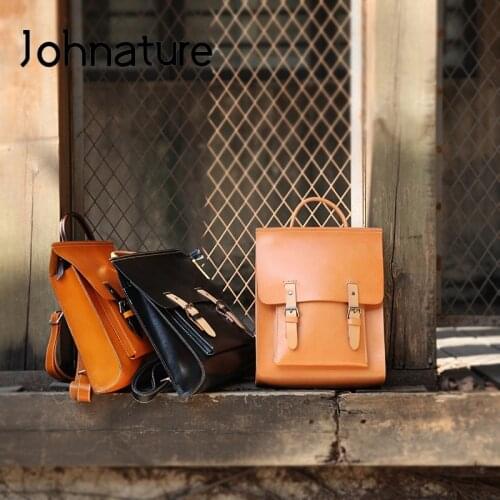 Johnature Vintage 2021 New Women Bag Leisure Handmade Nature Cowhide Backpack Genuine Leather Solid Color Schoolbag