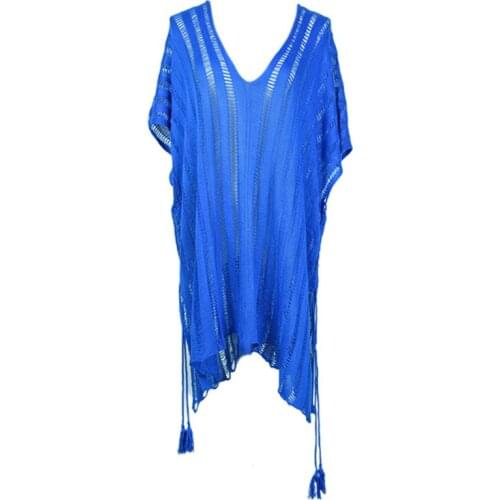 Women Sexy Hollow Crochet Bikini Cover Up V-Neck Split Drawstring Beach Dress F42F