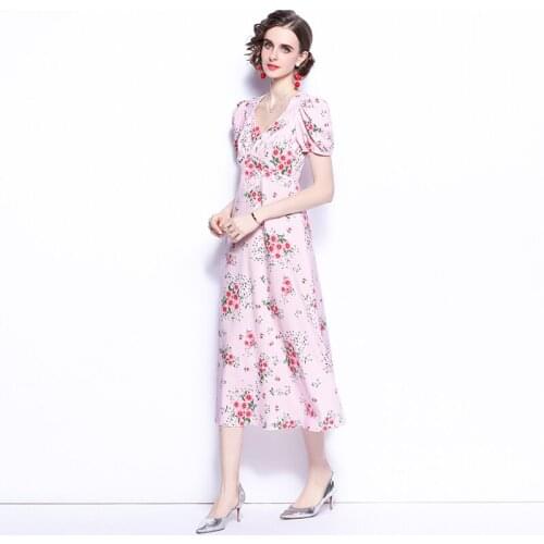 2021 New Women Dresses Office Lady LOOSE Printing Mid-Calf Women Dresses Elegant Party Night Short Sleeve Women Summer Dresses