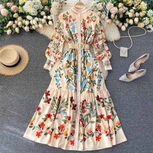 Trendy Floral Print Long Dresses For Women Nice Vintage Boho Maxi Dress Stand Collar Long Sleeve Elegant Shirt Dress With Belt
