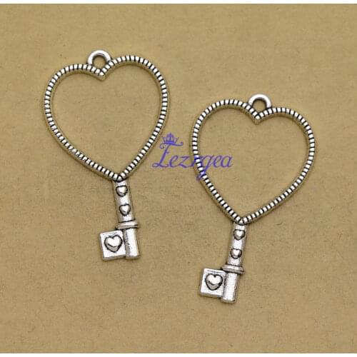 10pcs/lot--25x42mm, Antique silver plated heart key glue blank pendant tray bezel charms,DIY supplies, Jewelry accessories