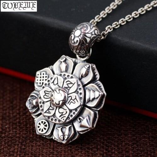 100% 925 Silver Buddhist Sacred Symbols Pendant Necklace Tibetan OM Mani Padme Hum Amulet Necklace Tibetan Pendant Necklace