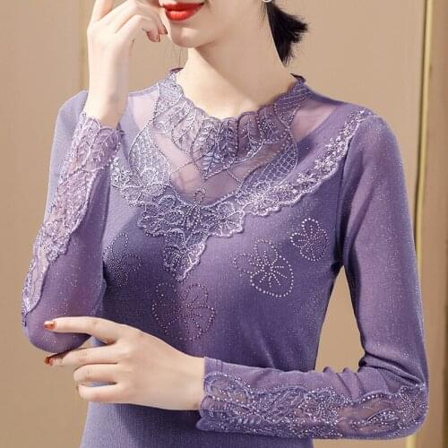 4XL Plus Size 2021 Autumn New Fashion Women Long Sleeve Atylish Lace Mesh Patchwork Floral T Shirt Casual Bottoming Tops