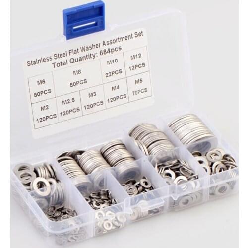 684pcs Flat Washer M2 M3 M4 M5 M6 M8 M10 M12 Stainless Steel 304 Plain Washer Assortment Kit Fastener Flat Washer Gasket Set