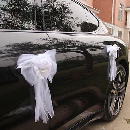 White Bow Linen Lace Pearl Bud Silk Ribbon Flower for Wedding Party Decoration Bridal Car Wedding Chair