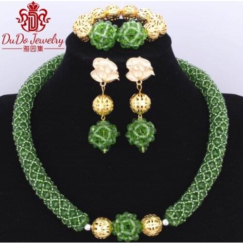 Free Shipping Apple Green African Nigerian Set of Beads Gold Balls Dubai Wedding Ethnic Cheap Fashion Costume Jewelry Set 2017