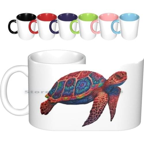 Hand-Drawn Colorful Sea Turtle Ceramic Mugs Coffee Cups Milk Tea Mug Turtle Sea Water Beach Sun Sand Ocean Animals Sea Turtle