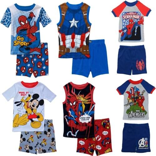 Disney Kids Pajamas Children Short Sleeve Sleepwear Spiderman Cars Mickey Boys Cartoon Pyjamas Cotton Clothing Nightwears Set