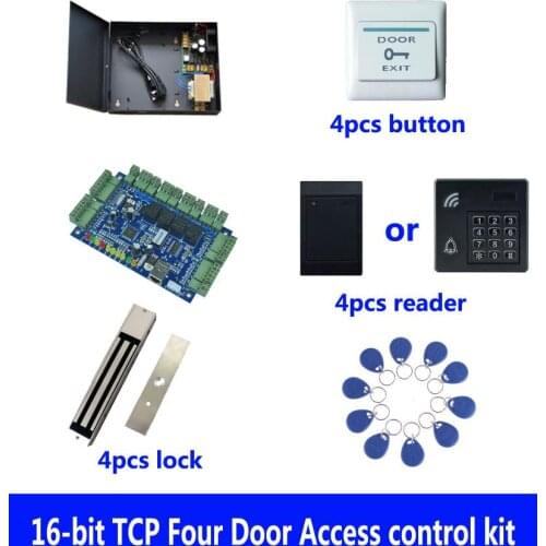 RFID access control kit,TCP/ip four door access control+powercase+280kg magnetic lock+ID reader+button+10 ID tag,sn:kit-B406