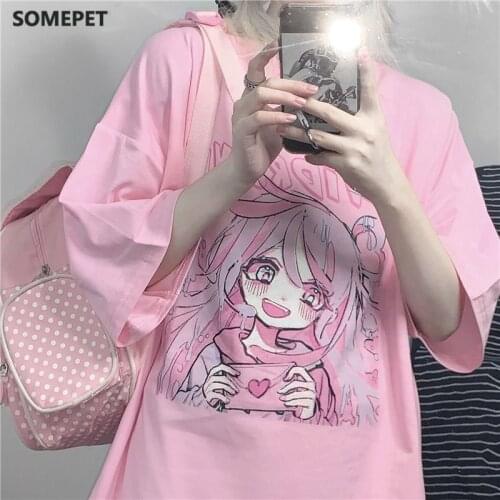 Sweet girl cute cartoon Japanese street student Harajuku pink fun kawaii casual top Ulzzang retro loose summer womens T-shirt