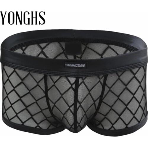 Mens Exotic Lingerie Gridding Underwear Semi See Through Boxer Briefs Shorts Hot Sexy Panties Costume for Male Sex Gay Underwear
