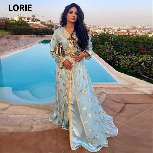 LORIE Arabia Dress for Party Moroccan Kaftan Evening Dresses for Women Formal Long Sleeve Light Blue Prom Gowns Plus Size 2020