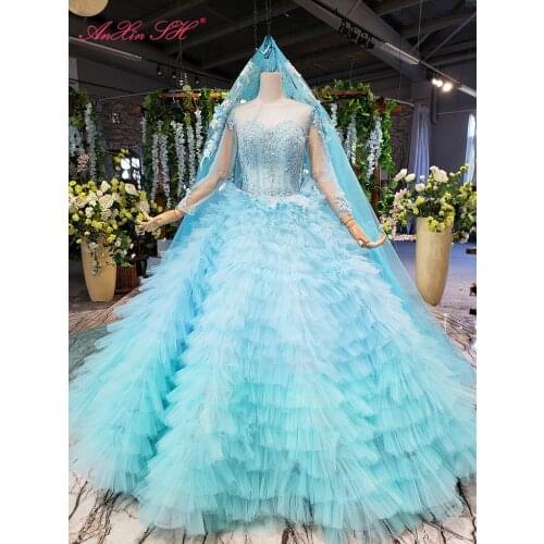 AnXin SH Luxury princess flower blue lace o neck beading crystal illusion long sleeve lace up wedding dress 100% real photo