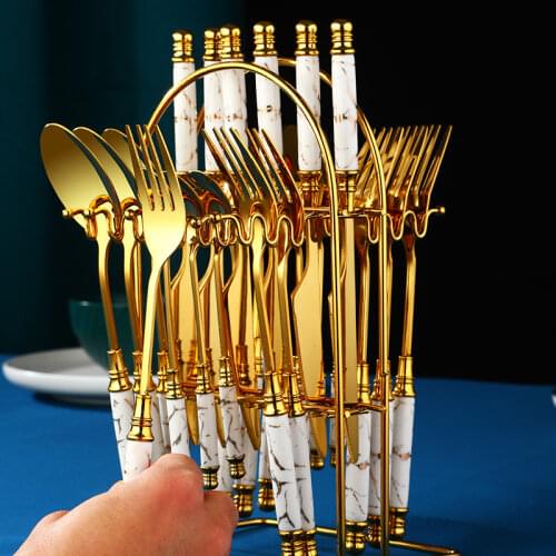 Gold Luxury Dinnerware Set Ceramic Full Tableware Stainless Steel Knife Fork Spoon Set 24 Piece Kitchen Table Cutlery Gift