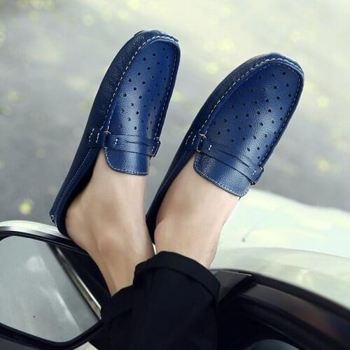 Summer Half Shoes For Men Casual Genuine Leather Loafers Moccasins Man Slipon Driving Mens Shoes Breathable Hollow Out Slippers