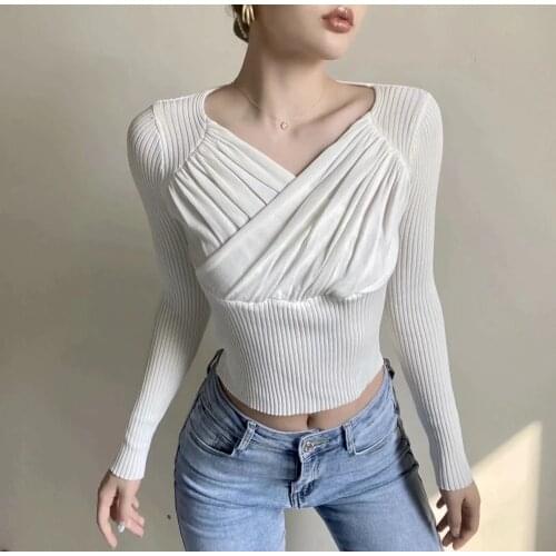 Criss Cross V Neck Long Sleeve Women Sexy Crop T-Shirt Solid Knit Rib Top