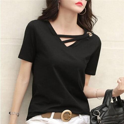 2021 New Summer Short Sleeve Women White T-shirt Women V-neck Loose Korean Black Top Casual Compassionate Trend T Shirt Women