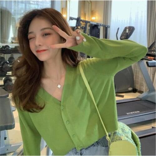 2020 Korean Fashion Women Autumn Casual Green Knit Cardigan Cropped Knit Top Soft Sweater Vintage Knit Cardigan Tops ZY4945