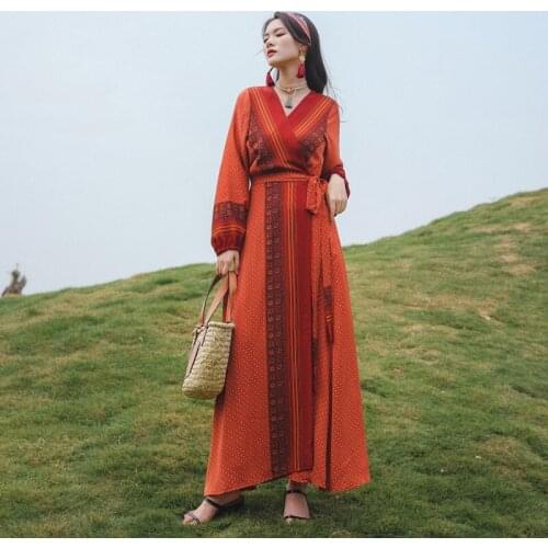 2021 New Fall High Quality Fashion Bohemian Retretro Lace Up Maxi Dress Long Sleeve V-Neck Print Robe Femme Elgant Party Dress