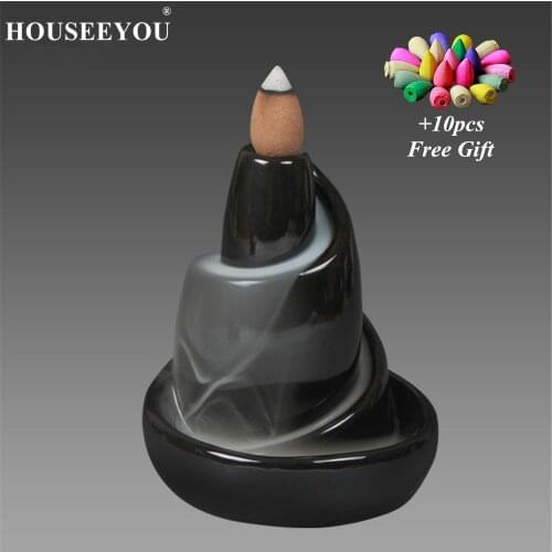 10Pcs Incense Cones + Black Glaze Mountain Backflow Incense Burner Ceramic Mountains Waterfall Incense Holder Aroma Censer