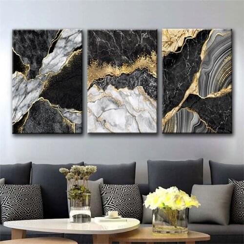 Abstract Wall Art Black White Canvas Painting Marble Mosaic With Golden Veins Posters Prints Wall Picture For Living Room Decor