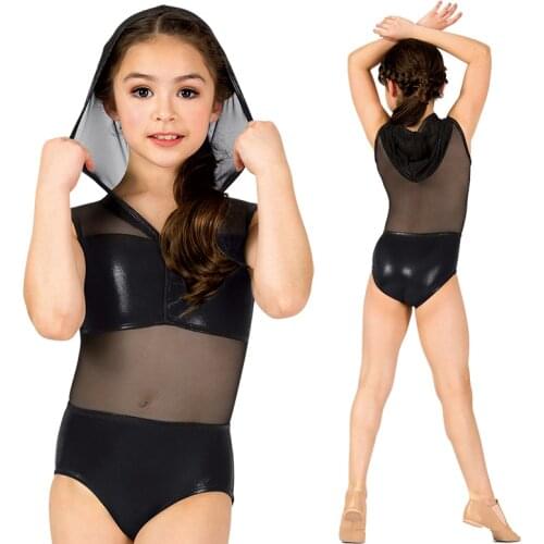 Girls Shiny Metallic Hoodie Mesh Patchwork Professional Ballet Dance Leotard Child Gymnastics Leotard Kids Ballerina Bodysuit