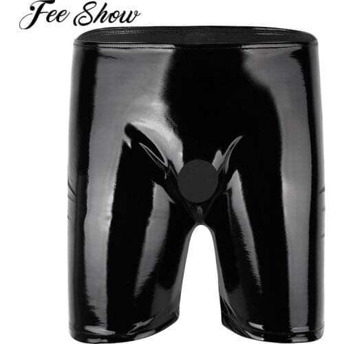Black Wetlook Latex Pants Men Boxer Shiny Patent Leather Shorts Open Penis Hole Sexy Hot Lingerie Man Latex homme Exotic Pants