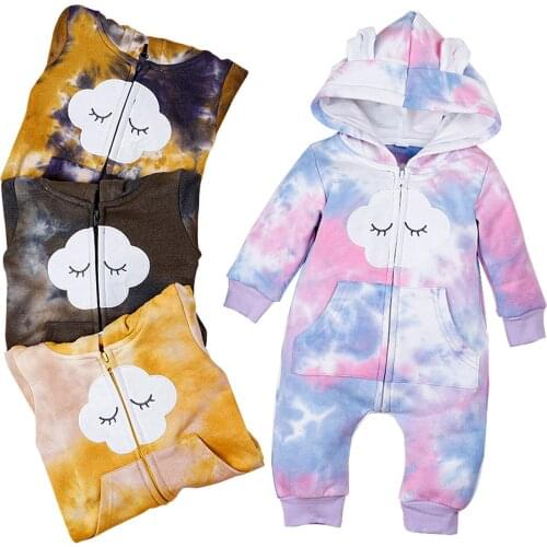 2021 Baby Spring Autumn Clothing Baby Boys Girls Tie Dye One-piece Suit Warm Long Sleeve Zip Up Tie-dye Hooded Jumpsuit Toddler