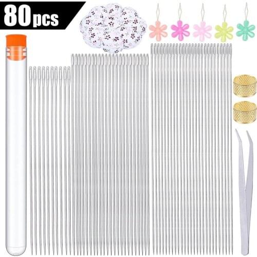 LMDZ 70Pcs Long Straight Beading Thread Needles+10 Pcs of Base Tools For bead Threading String Cord Easy Jewelry Making Pins