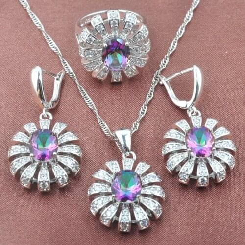 Elegant Costume Jewelry Natural Silver Color Rainbow Zirconia Birthstone Charm Fashion Jewelry Sets For Women Wedding Set TZ0469