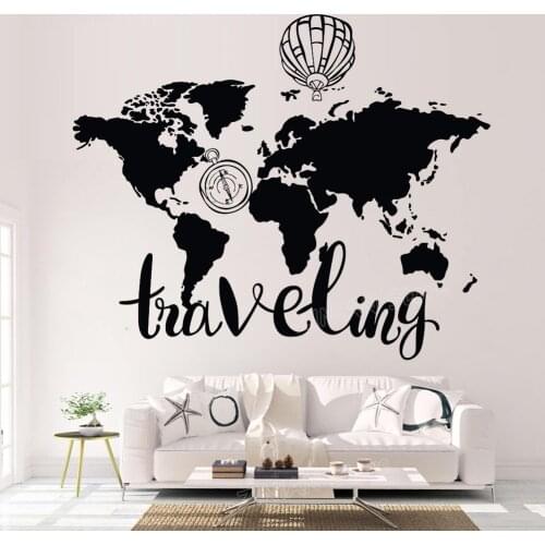 World Map Wall Decal Stickers Home Decor Living Room Traveling Vinyl Sticker Bedroom Compass hot air balloon Art Mural Z681