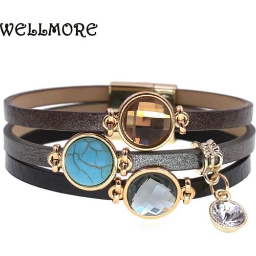 WELLMORE leather bracelets for women bohemia bracelets multilayer wide charm glass Bracelets & Bangles Female fashion Jewelry
