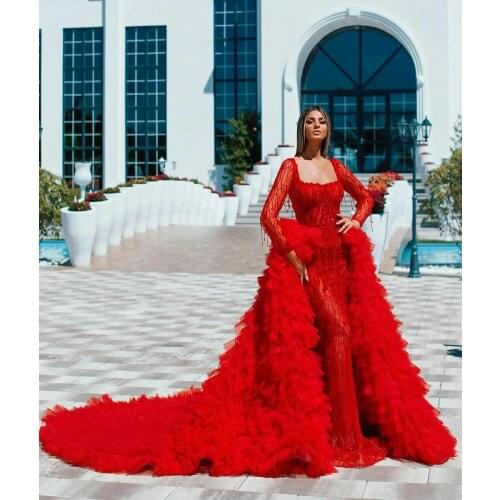 Red Prom Dresses With Detachable Train Long Sleeve Lace Appliques Party Dress Formal Tiered Ruffles Evening Gowns