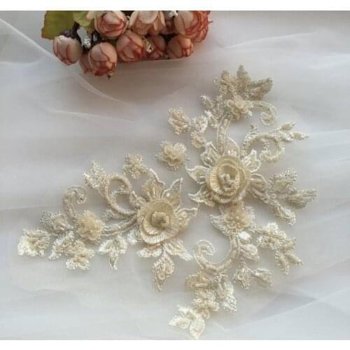 Champagne 3d florals motif bodice one piece,Hand-sewn heavy bead bridal lace applique with sequin,Sticker Wedding Accessories