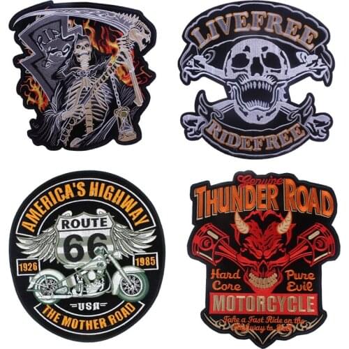 Skull Motorcycle Patch Punk Embroidered Patches On Clothes Rock Iron On Patches For Clothing Biker Patch Applique Back Jacket