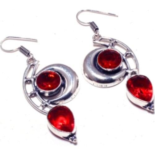 Genuine Garnet Silver Overlay on Copper Earrings , Hand made Women Jewelry Gift, E5402