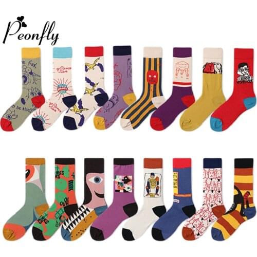 PEONFLY New 2019 Autumn Winter Women Socks Funny Abstract Character Pattern Happy Socks Casual Combed Cotton Sokken